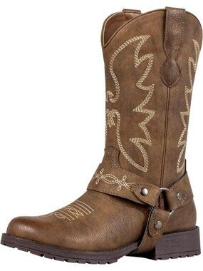Women's Brown Round Toe Western Cowgirl Boots Mid Calf Retro Pull On Block Heels